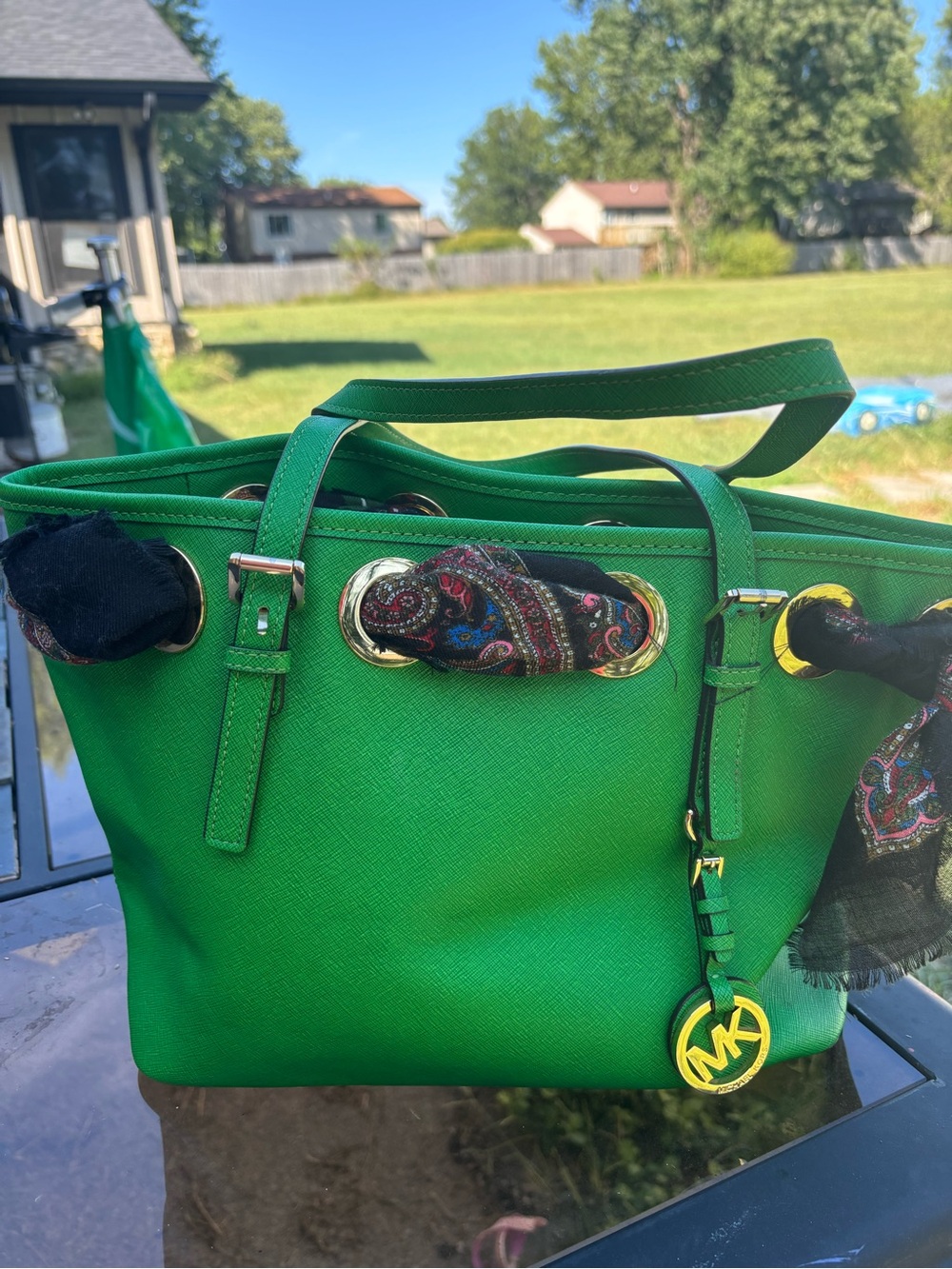 Michael Kors Jet Set Green/Gold Tote Bag with Paisley Scarf